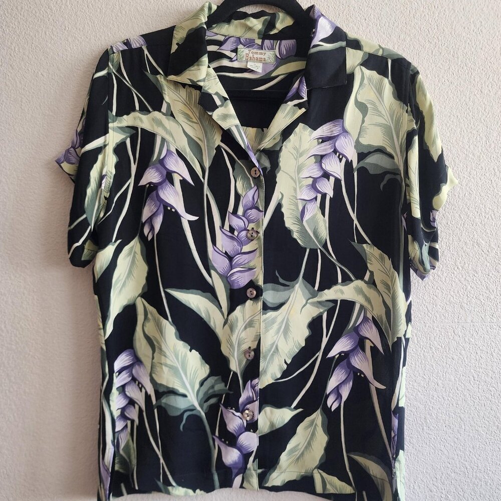 Tommy Bahama Shirt Womens Small Green Purple Silk Floral Hawaiian Button Up